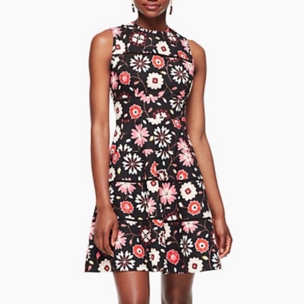 Kate Spade Casa Flora Poplin Sleeveless Fit and Flare Dres Black Pink Floral 4